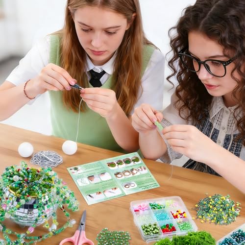 FOGWOWO 5057 Pcs Beaded Plant Kit,Glass Green Beads with Disco Ball & Chain - color: Green B (Include Pot & Foam)