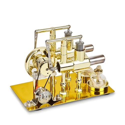 MagicTech Hot Air Stirling Engine Double Cylinder Electricity Power Metal Physics Assembly Model Golden JY42 - size: 6.5 x 3.74 x 4.92 Inch