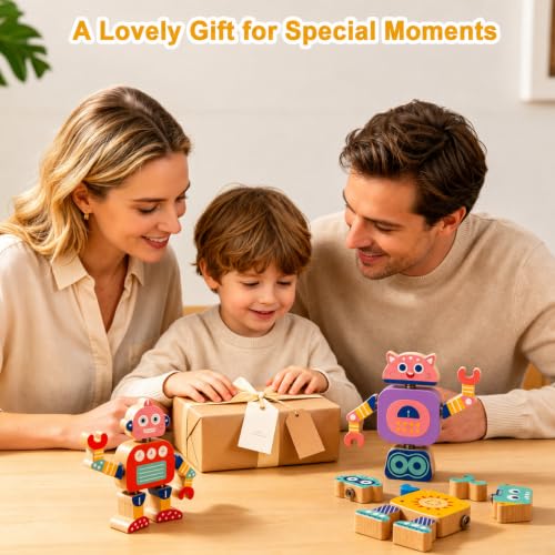 Wooden Robot Building Toy, 33-Piece Snap-Together Set, Ages 3-6