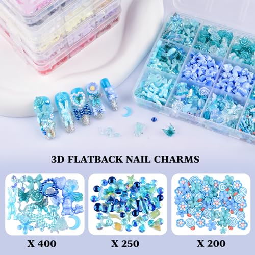 850 Pieces 3D Butterfly Rose Flower Bow Rabbit Bear Nail Charms Kit with Nail Art Rhinestones Pearls Crystal Gems Nail Slices for Manicure DIY Crafts Jewelry Accessories (Blue) - color: Blue