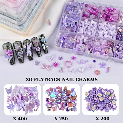 850 Pieces 3D Butterfly Rose Flower Bow Rabbit Bear Nail Charms Kit with Nail Art Rhinestones Pearls Crystal Gems Nail Slices for Manicure DIY Crafts Jewelry Accessories (Purple) - color: Purple