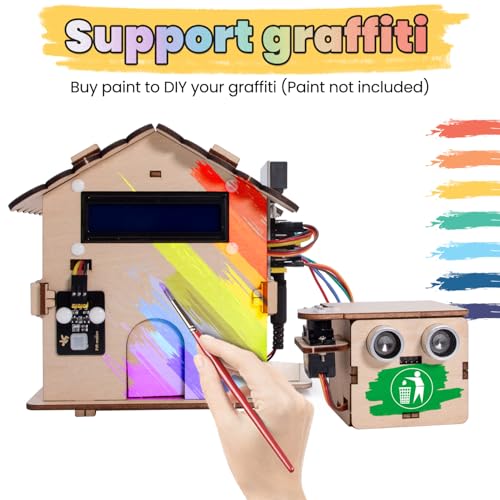 KEYESTUDIO Microbit V2 Smart Home Kit for Coding Projects (Includes Microbit V2 Board), microbit House Starter Kit with Wood Building Home Material Pack for 15+