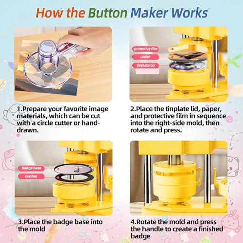 Freeingbag 58mm Button Maker Machine Kit, Installation-Free Button Pin Maker & Pin Maker Machine with 100 Sets Supplies, Circle Cutter & Bonus DIY Accessories for Badges, Crafts & School Projects - color: Yellow