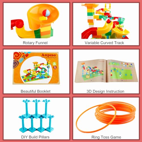 Anpcso Marble Run Building Blocks, 128 PCS STEM Toy with Toss Ring Game - style: with ring toss