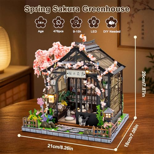 DIY Miniature House Kit, Sakura Greenhouse Tiny 3D Wooden House Making Set for Adults, Dollhouse Bookshelf Decor with Furniture & LED Lights, Christmas Birthday Craft Gift for Friend - color: Sakura Greenhouse