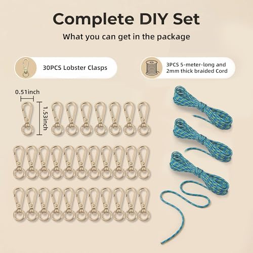 NCIWAN DIY Beadable Keychain Making Kit, 10 Pcs Gold Lobster Clasps with 5 Meters 2mm Braided Rope, Cut-to-Length Lanyard Cord for Silicone Focal Beads, Boho Craft Supplies (Gold 30 pcs-01) - color: Gold 30 pcs-01