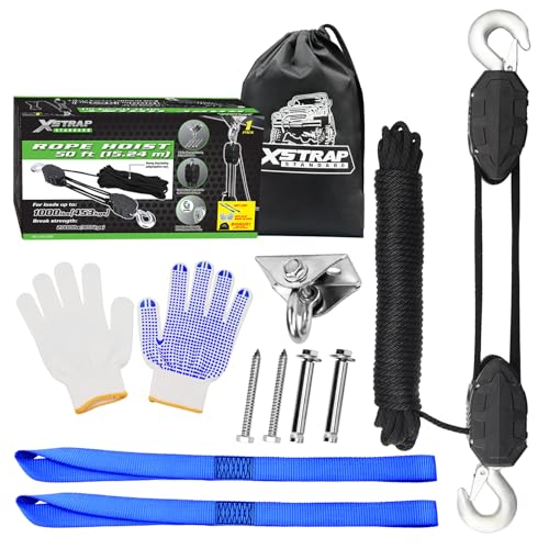 XSTRAP STANDARD 50 Feet Rope Hoist, Heavy-Duty 2000LB Break Wheel Block - color: 50 Ft+ Black+1 Swing Hanger