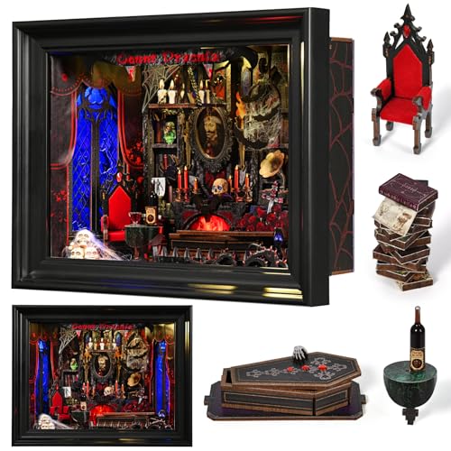 Book Nook Kit-3D Wooden Puzzle with LED Switch Control & Wall-Mountable Frame,DIY Miniature House for Beginners,Bookshelf/Tabletop/Wall Decor for Craft Lovers,Dollhouse Gift,Count Dracula - color: Count Dracula