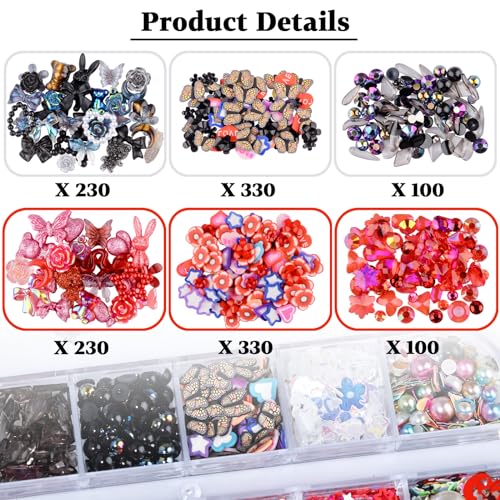 1400 Pieces 3D Butterfly Rose Flower Bow Rabbit Bear Nail Charms Kit with Nail Art Rhinestones Pearls Crystal Gems Nail Slices for Manicure DIY Crafts Jewelry Accessories (Black Red) - color: Black Red