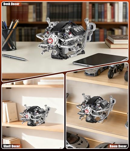 Mini V8 Engine Model Kit that Runs, 770PCS Motorized Building Set with Lights, STEM Construction Engineering Toy, DIY Project Gift for Men and Teens - color: Grey