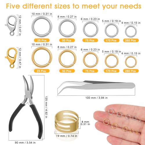 Anezus Jump Rings for Jewelry Making Supplies and Necklace Repair with Jump Ring Pliers and Open Jump Ring(1200Pcs Silver and Gold) - color: Silver and Gold