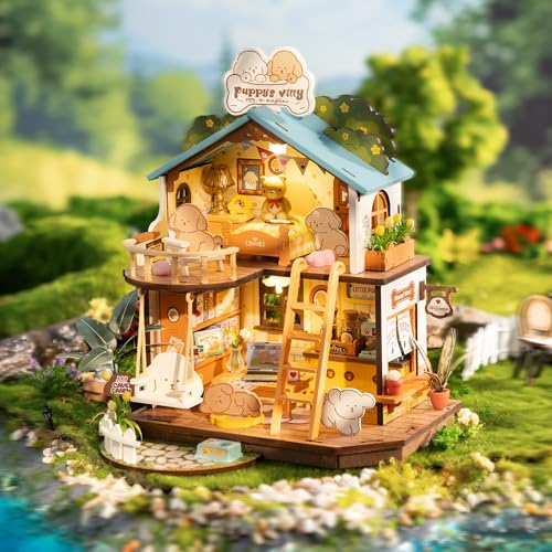 ROBOTIME DIY Miniature House Kit, Mini Wooden Dollhouse Diorama Model, Tiny House Building Kits,Birthday Christmas Craft Hobbies Gift for Teens Kids and Friends(Puppy's Cozy Villa) - color: Puppy's Cozy Villa