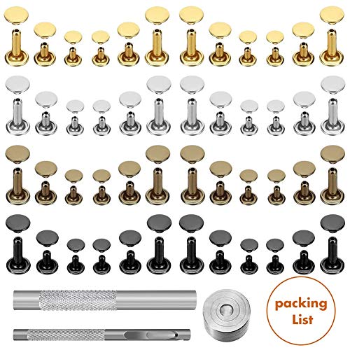 Selizo 480 Sets Small Double Cap Leather Rivets 4 Colors 3 Sizes (Cap Diameter: 6mm/8mm/8mm) Tubular Metal Studs with 3 Pieces Setting Tool Kit for Leather Craft Repairs Decoration