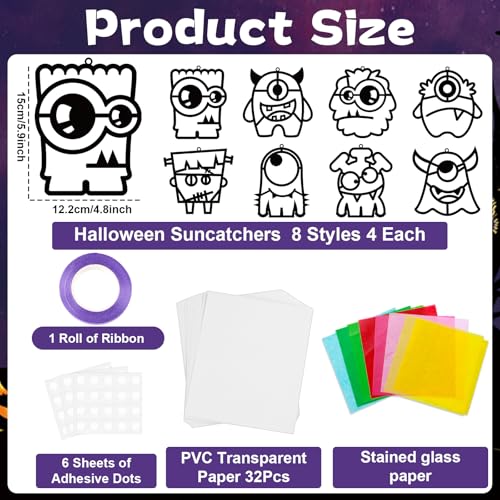 32 Sets Halloween Monster Suncatchers Craft Kit DIY Window Stained Glass Effect Halloween Monster Paper Crafts Home School Classroom Decoration Kid Birthday Gift Creative Art Project Activity Game - style: Halloween Monster