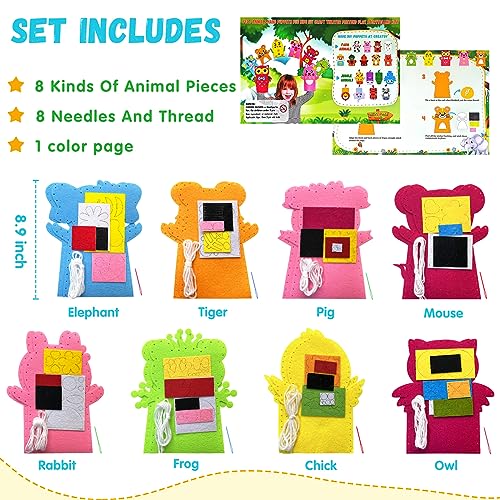 Animal Hand Puppet Crafts Kit for Kids 8pcs Sewing Kits for Girls 4-9 Felt DIY Sewing Projects Toddler Activities Story Telling Pretend Play Party Favors Toys