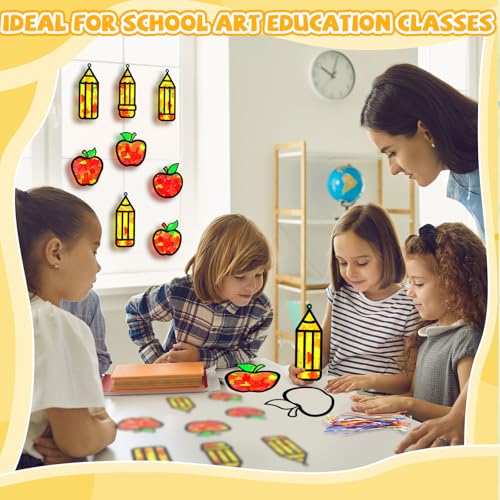 32 Sets Back to School Apple Pencil Suncatchers Craft Kit DIY Window Stained Glass Effect First Day of School Paper Craft Home Classroom Decoration Kid Birthday Gift Creative Art Project Activity Game - style: Apple+Pencil