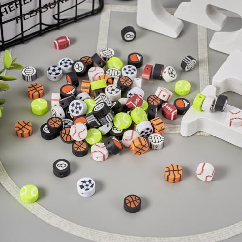 Elecrelive 200Pcs Sports Ball Clay Beads Basketball Rugby Volleyball Football Baseball Beads 10 Styles Polymer Clay Charms for Friendship Bracelets Necklace Jewelry Making - color: 10 Colors, Sports