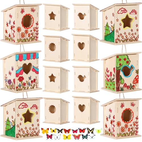 Outus 24 Pcs Wooden Birdhouse Kits for Kids, 4 Shapes Unfinished, Classic