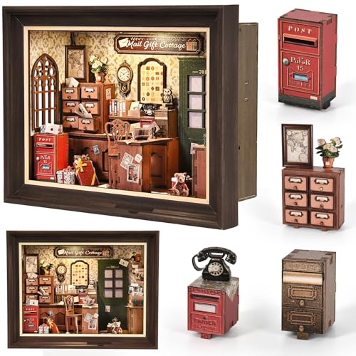 Book Nook Kit-3D Wooden Puzzle with LED Touch Control & Wall-Mountable Frame,DIY Miniature House for Beginners,Bookshelf/Tabletop/Wall Decor for Craft Lovers,Dollhouse Gift,Mail Gift Cottage - color: Mail Gift Cottage