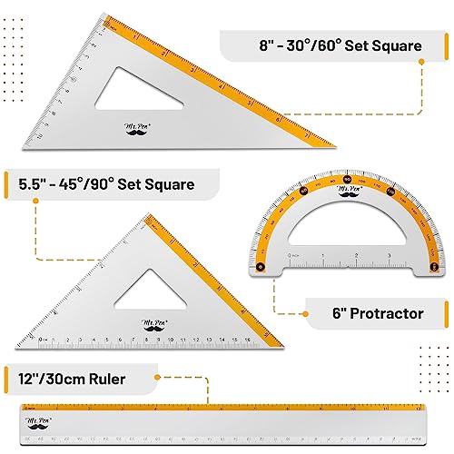 Mr. Pen- Metal Geometry Kit, 4 Pack, 45° & 30°/60° Set Squares - color: Yellow Stripes