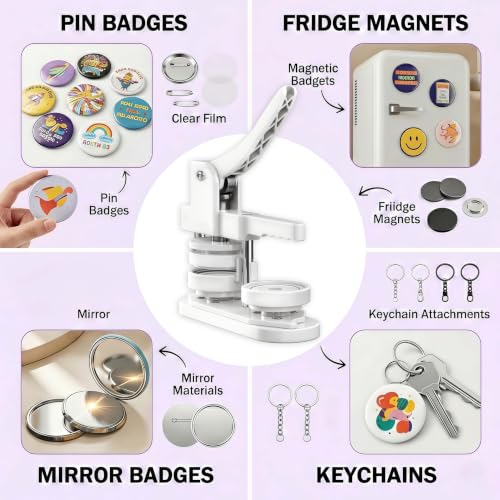 58mm Button Maker Machine Kit, Installation-Free Button Pin Maker & Pin Maker Machine with 100 Sets Supplies, Circle Cutter & Bonus DIY Accessories for Badges, Crafts & School Projects - color: White