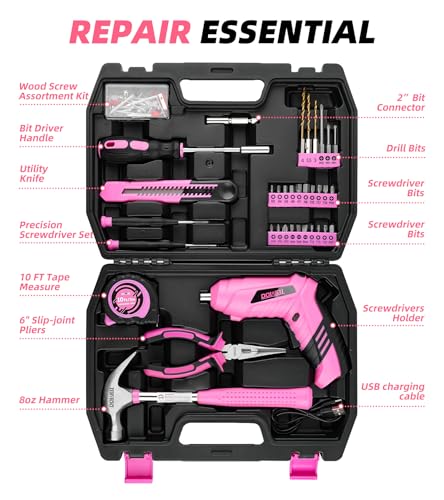 DOWELL 116Pcs Pink Tool Kit, Tool Set with 3.6V USB Cordless Screwdriver - size: 116 Pcs