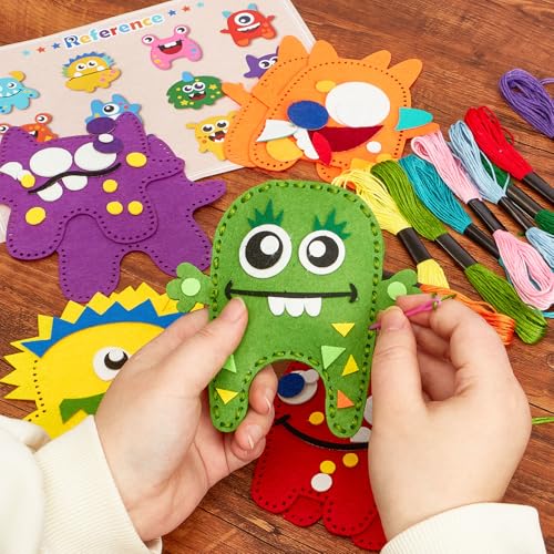 TUZT My First Sewing Kit for Kids - Monster Sewing Craft Kit for Beginners with 12 Pre-Cut Monster Plush Toys, Scissor, Plastic Needles & Thread, DIY Felt Crafts Project for Girls & Boys Ages 6-12