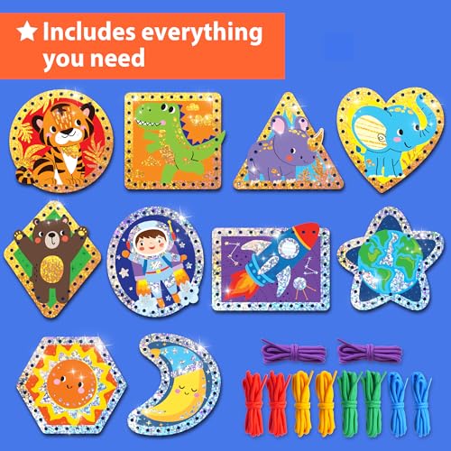 KRAFUN Space & Dino Holographic Lacing Cards Age 3+ |10 Projects - color: Unisex