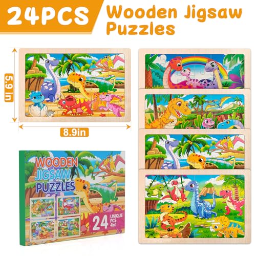 4 Pack Wooden Animal Jigsaw Puzzles for Kids Age 3+ Puzzles Gift - color: Dinosaur