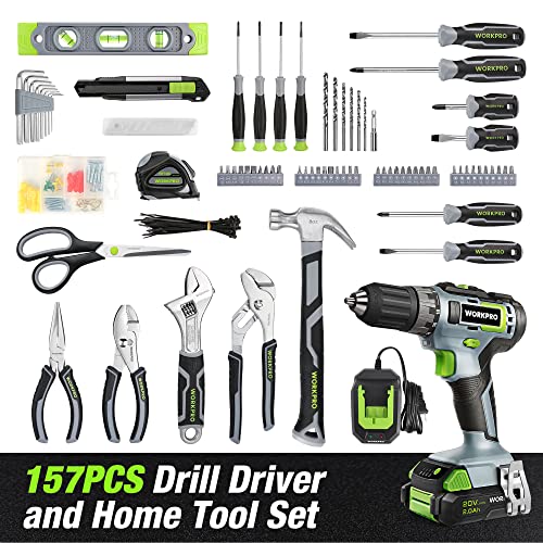 WORKPRO Home Tool Set with 20V Cordless Drill, Household Repairing Tool Kit - color: Grey