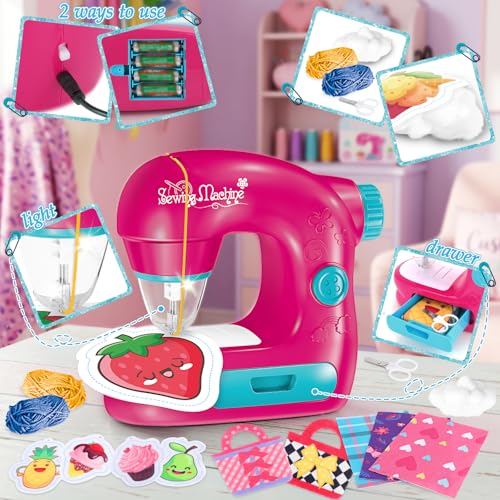 deAO Kids Mini Sewing Machine Pretend Play Arts Craft Toy Kit with Lights