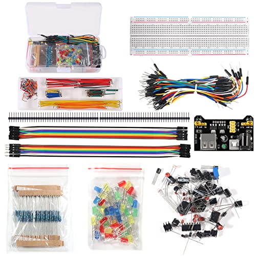 480pcs 37 Values Electronics Component Fun Kit with Power Supply Module, Jumper Wire, 830 tie-Points Breadboard, Precision Potentiometer, Resistor