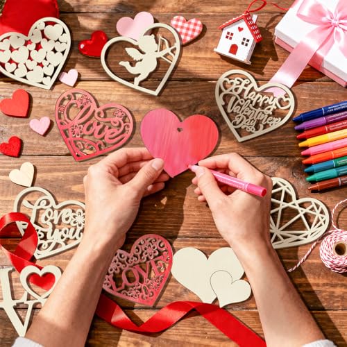 80PCS Wooden Heart Ornaments to Paint Valentine's Day Craft,10 Styles DIY Blank Unfinished Wood Heart Cutouts Ornament for Crafts Spring Tree Hanging Decorations Love - color: Heart Cutouts