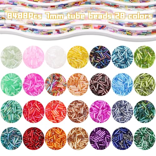 Tube Seed Beads 7mm Crafts Glass Bugle Beads with for Jewelry Making Embroidery Decoration (28 Colors, 8400pcs) - size: 7mm