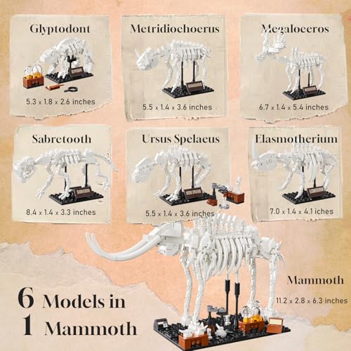 6 in 1 Fossil Building Kit, Compatible with Lego Dinosaur Natural History Museum, 6 Prehistoric Beasts in 1 Mammoth Building Set, Educational STEM Toys Discovery Gifts for Kids Ages 8+, 928 PCS
