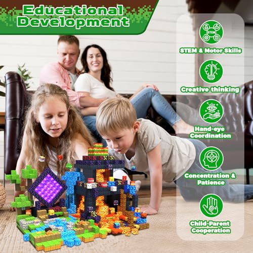 Magnetic Blocks - 300 PCS with Light Up Blocks Dinosaur Volcano Forest Castle Set - Kids Classroom Sensory Toy for Toddlers STEM, Construction Stacking Toy Kids 3+ Boys easter basket stuffers - color: 300pcs Led Glowing Volcano