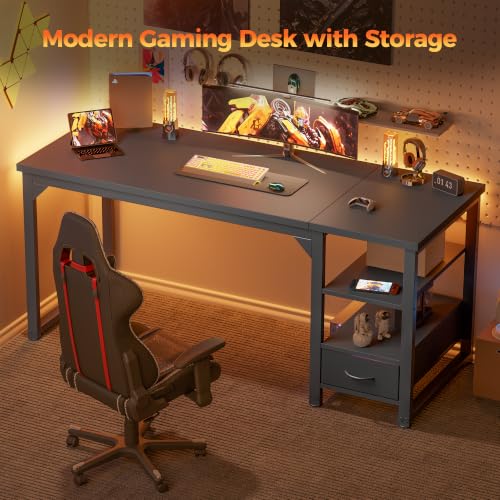 Mericonia 54 in Computer Desk with Drawer, 1" Thick Reversible Office Desk - color: Black, size: 54"D,1"T