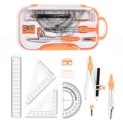 Unjoo Geometry Set 10 Pcs Student Supplies, Protractor and Compass (Orange) - color: Orange