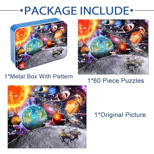 Puzzles for Kids Ages 4-6, 60 Piece Puzzles for Kids Ages 3-5 in Metal Box - color: Space