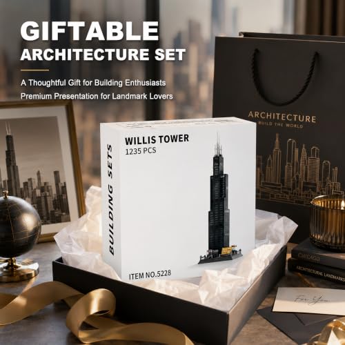 Willis Tower Chicago Architecture Building Block Set 1235 Pcs Famous City Skyline Landmark Model Kit Tall Skyscraper Construction Toy for Adults & Teens Home Office Desk Decor Display Gift - style: Chicago Willis Tower
