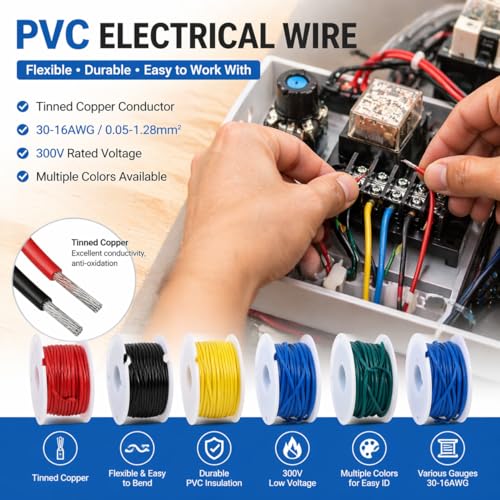 20 AWG Stranded Hook Up Wire Kit, 5 Colors 10m Each, 50m Total, Tinned Copper PVC Electronic Wire, 300V 80°C, 0.32mm², 1.8mm OD - color: Red Black Yellow Blue Green, size: 20AWG