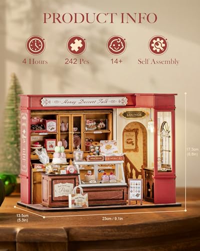 ROBOTIME DIY Miniature House Kit, Mini Wooden Dollhouse Kit for Adults, Building Kit with LED Light, Diorama Model,Halloween/Christmas/Birthday Gifts for Family/Friends (Honey Dessert Talk) - color: Honey Dessert Talk