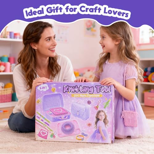 Souroyea Weaving Loom Kit Toys, 6-in-1 Friendship Bracelet Craft Making Kits for Kids, Gifts for Girls Ages 5 6 7 8-12, Easy Potholder Loom Knitting Activity for Beginners - color: Purple