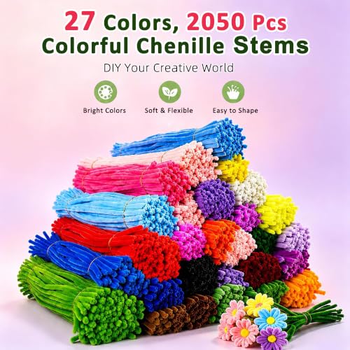 2050 Pcs Pipe Cleaner Flower Kit, Complete DIY Flower Bouquet Making Kit, - color: Colour2000