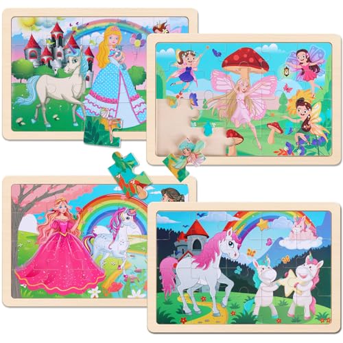 Wooden Jigsaw Puzzles for Preschool Kids Ages 3-5, 4-Pack with 20 Pieces Unicorn Princess Wood Puzzles Set, Preschool Gifts for Boys Girls Ages 3 4 5 6 - color: Unicorn Princess
