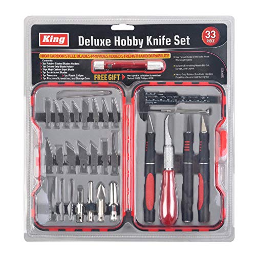 King Deluxe Hobby Knife Set, Steel Blades, Rubber Coated Blade Holders, Caliper, Precision Screw Driver, Tweezers, Storage Case (33-PC Set)