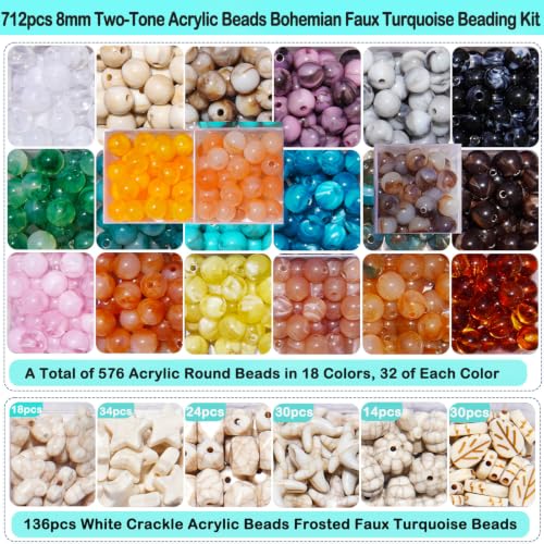 746PCS DIY Beading Kit for Jewelry Making, 8MM Two-Tone Acrylic Ocean Bohemian Style Faux Turquoise Bead White Crack Bead for Summer Beach Necklace Earring Bracelet Craft DIY Accessory (24 Colors) - color: 24 Colors