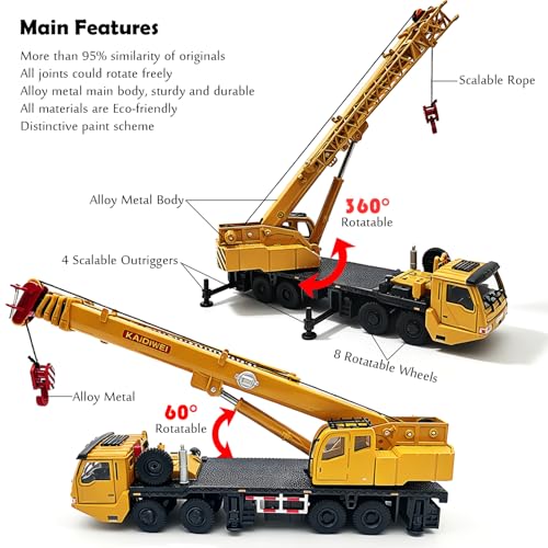 Tipmant Alloy Diecast Mobile Crane Model Toy Metal Realistic Die-cast Heavy Crane Engineering Construction Truck Vehicle Simulation Scale 1:55 for Collection Kids Gift - color: Yellow 2