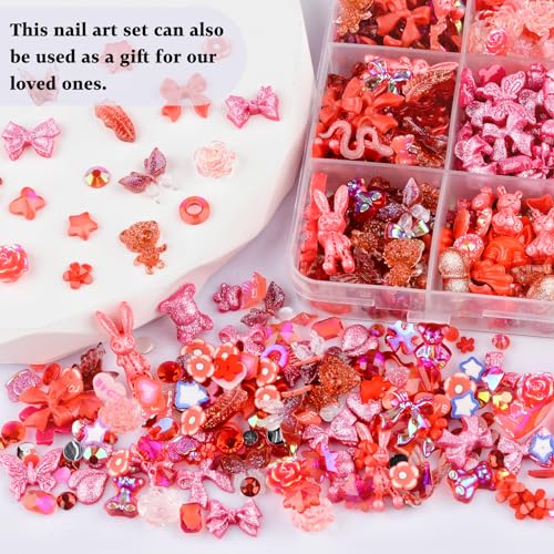850 Pieces 3D Butterfly Rose Flower Bow Rabbit Bear Nail Charms Kit with Nail Art Rhinestones Pearls Crystal Gems Nail Slices for Manicure DIY Crafts Jewelry Accessories (Red) - color: Red