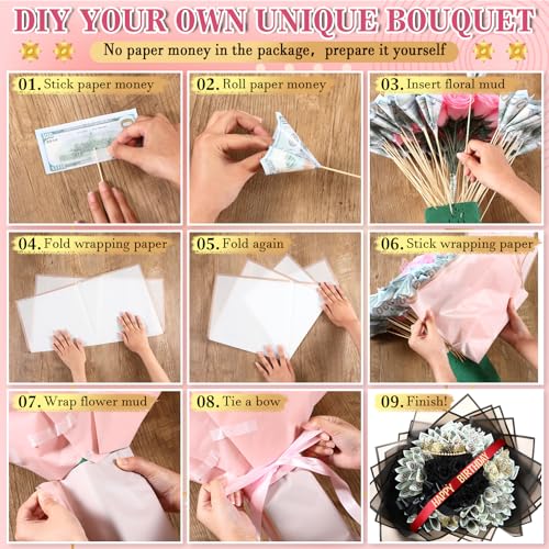 XunYee Bouquet Kit 20 Sheet Flower Wrapping Paper 100 Pcs Bamboo Skewers Floral Foam Blocks for Anniversary Birthday Gift Graduation Mother's Day(Transparent Black) - color: Transparent Black